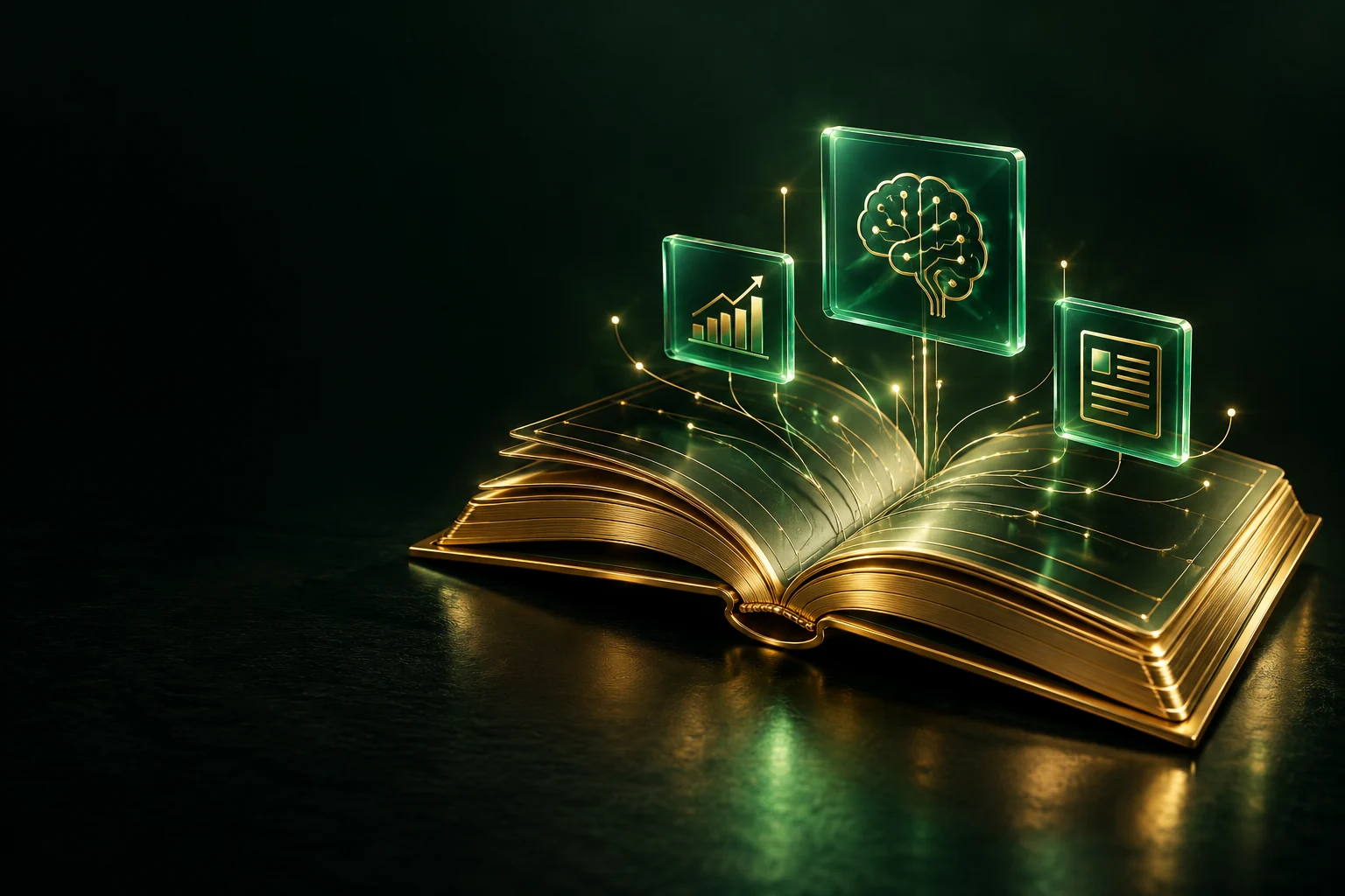 Open book with floating icons of charts, AI and documents: courses for teams