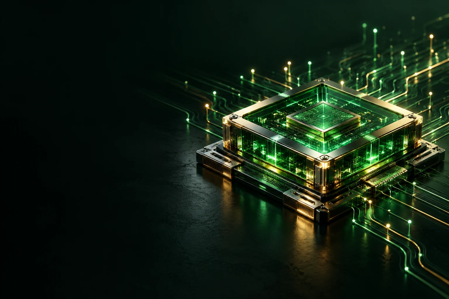 Glowing processor chip on a circuit board: AI solutions for business