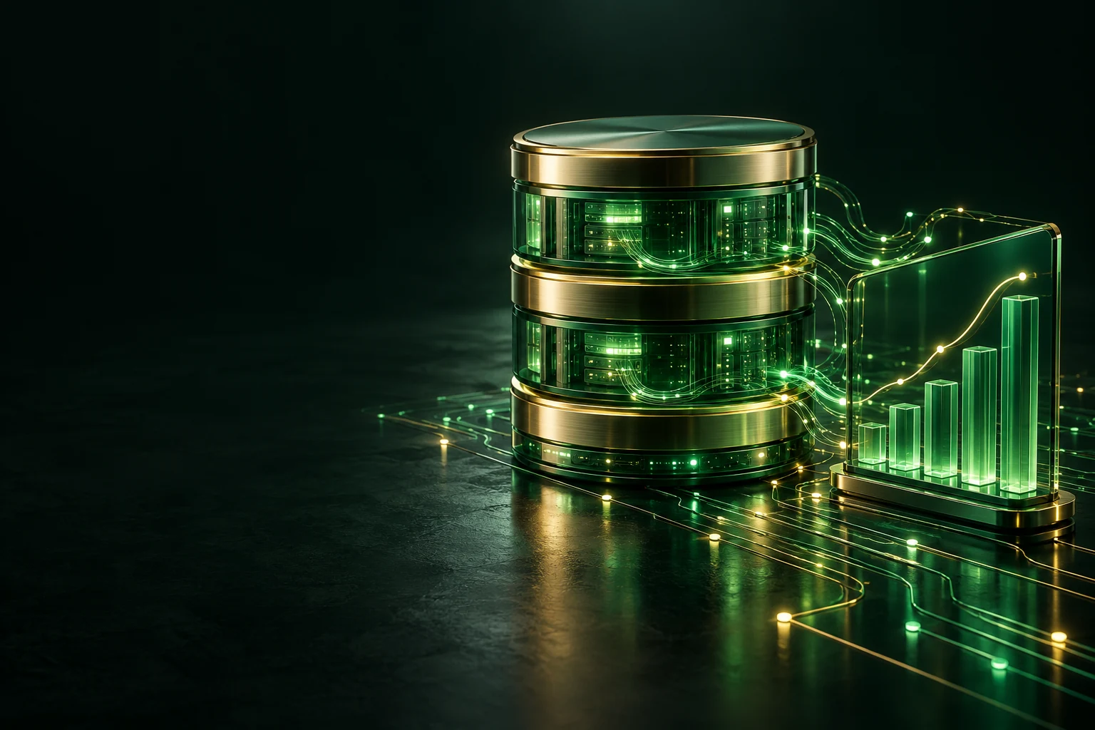 Database cylinder next to a rising bar chart: data analytics services