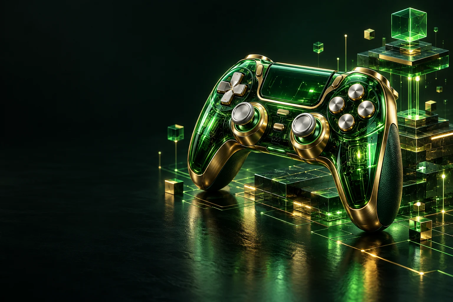 Gamepad in front of glowing cubes: game development services