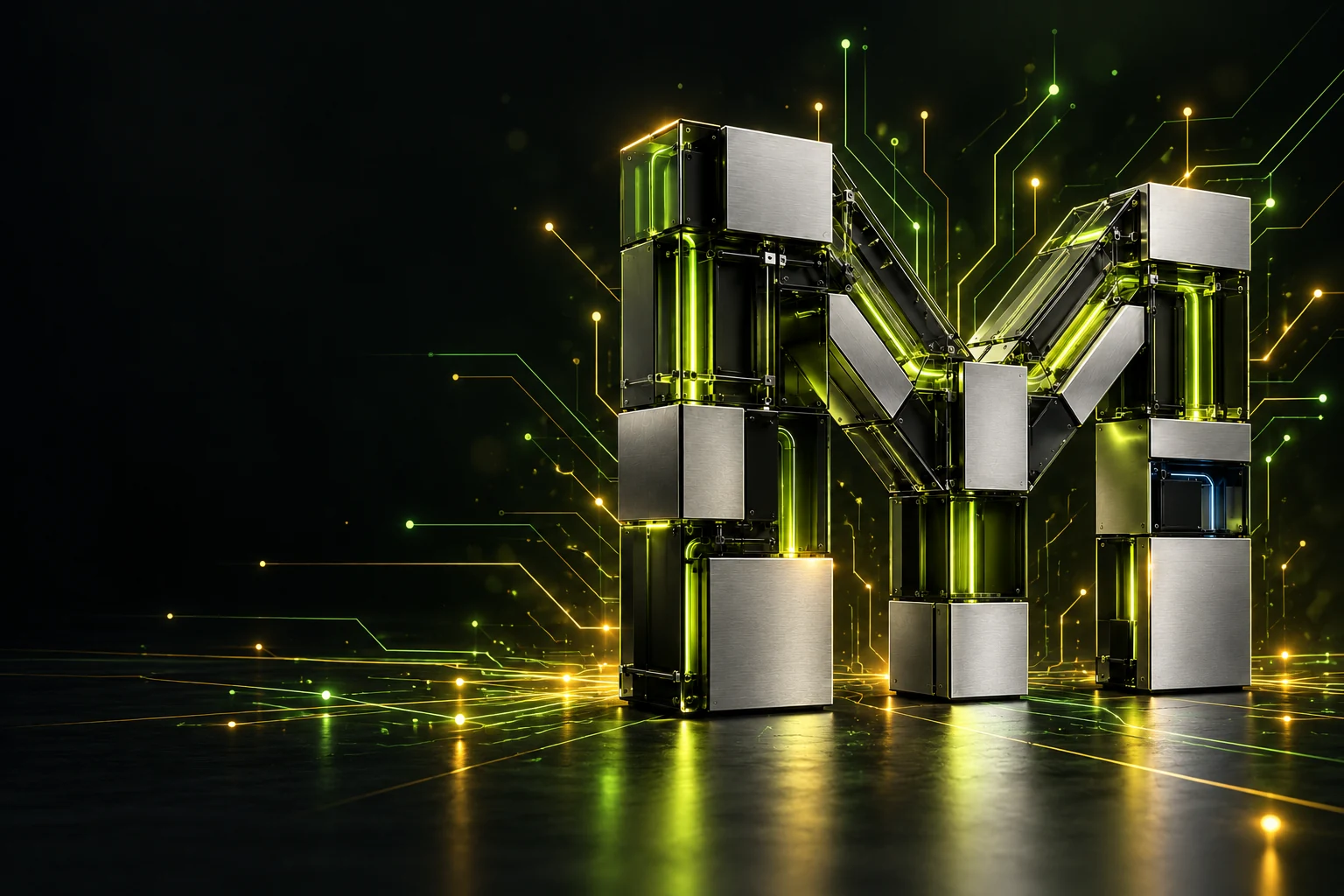 Letter M built from glowing metal blocks and circuit lines: Monetizator digital agency