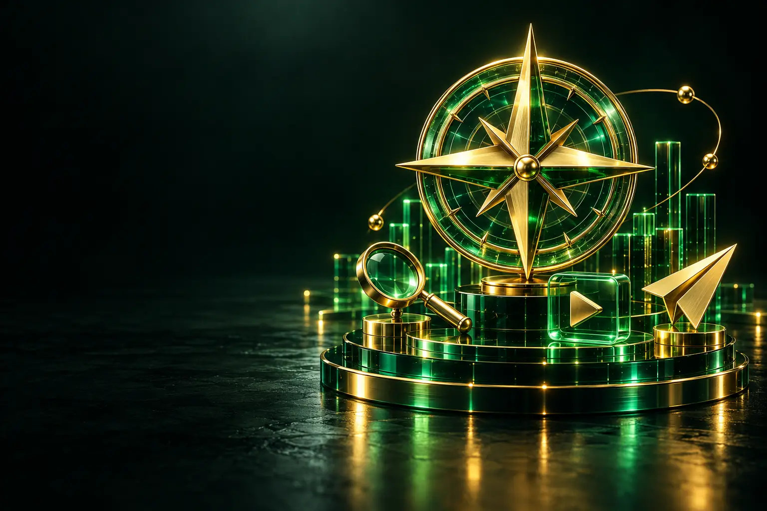 Compass above charts, a magnifying glass and a paper plane: Monetizator digital agency