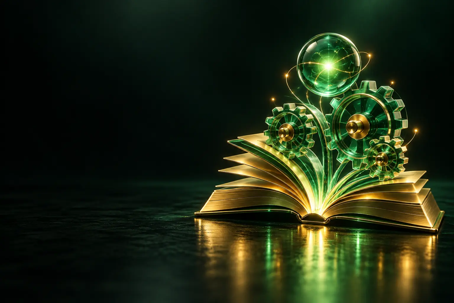 Open book with glowing gears: AI automation course