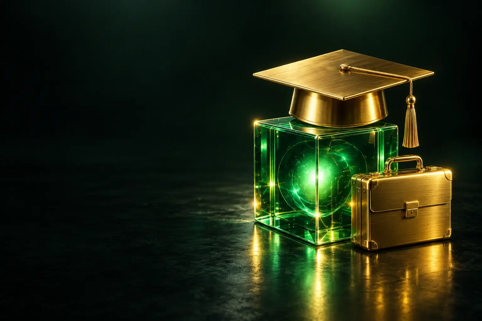Graduation cap on a glowing cube next to a briefcase: AI for business course