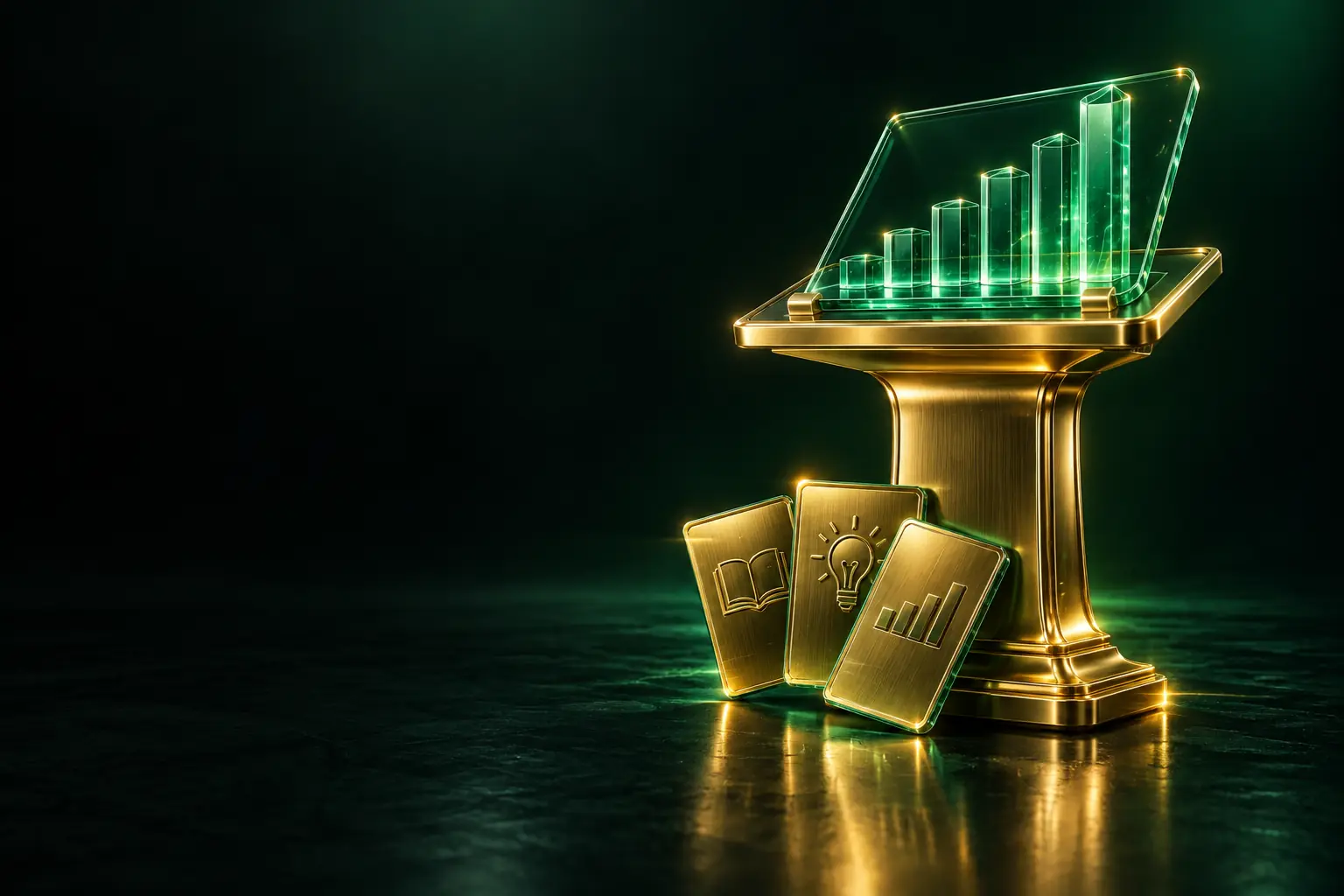 Lectern with a rising bar chart and report cards: data analytics course