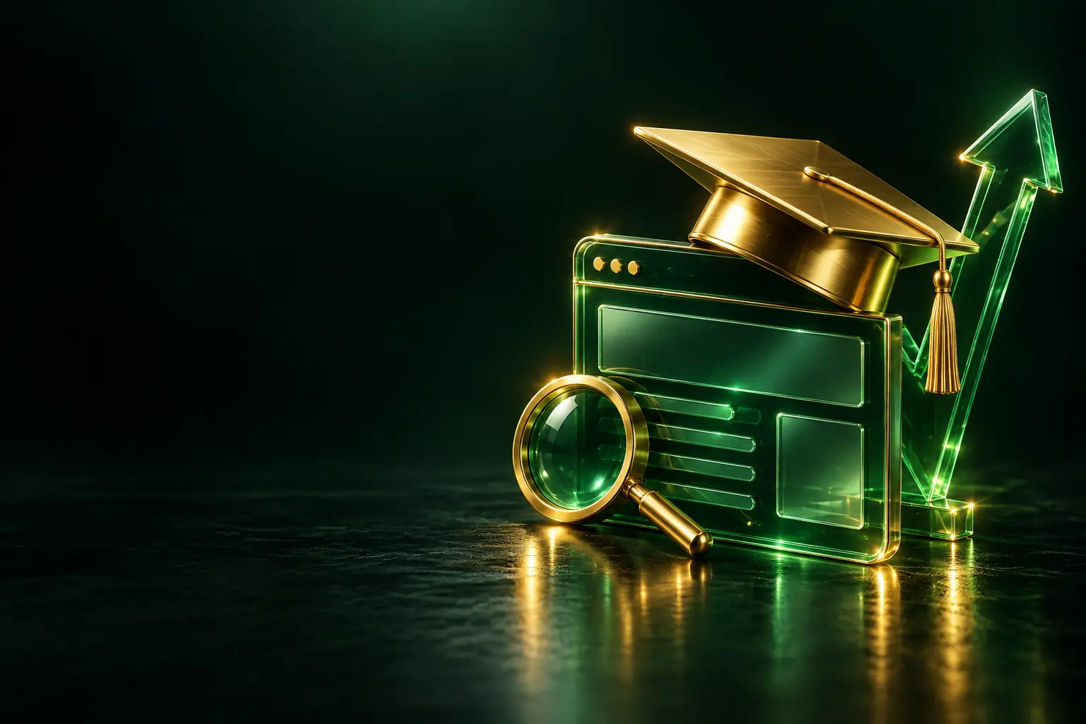 Graduation cap, web page, magnifying glass and a rising arrow: SEO course