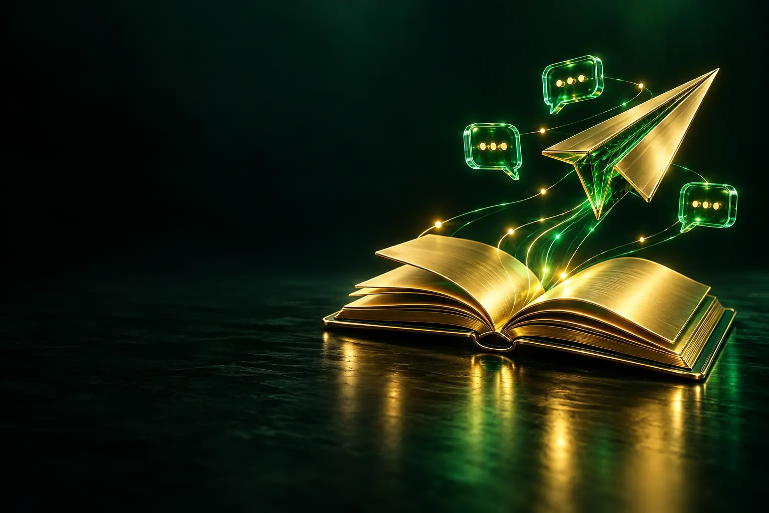 Paper plane and chat bubbles rising from an open book: Telegram bot course