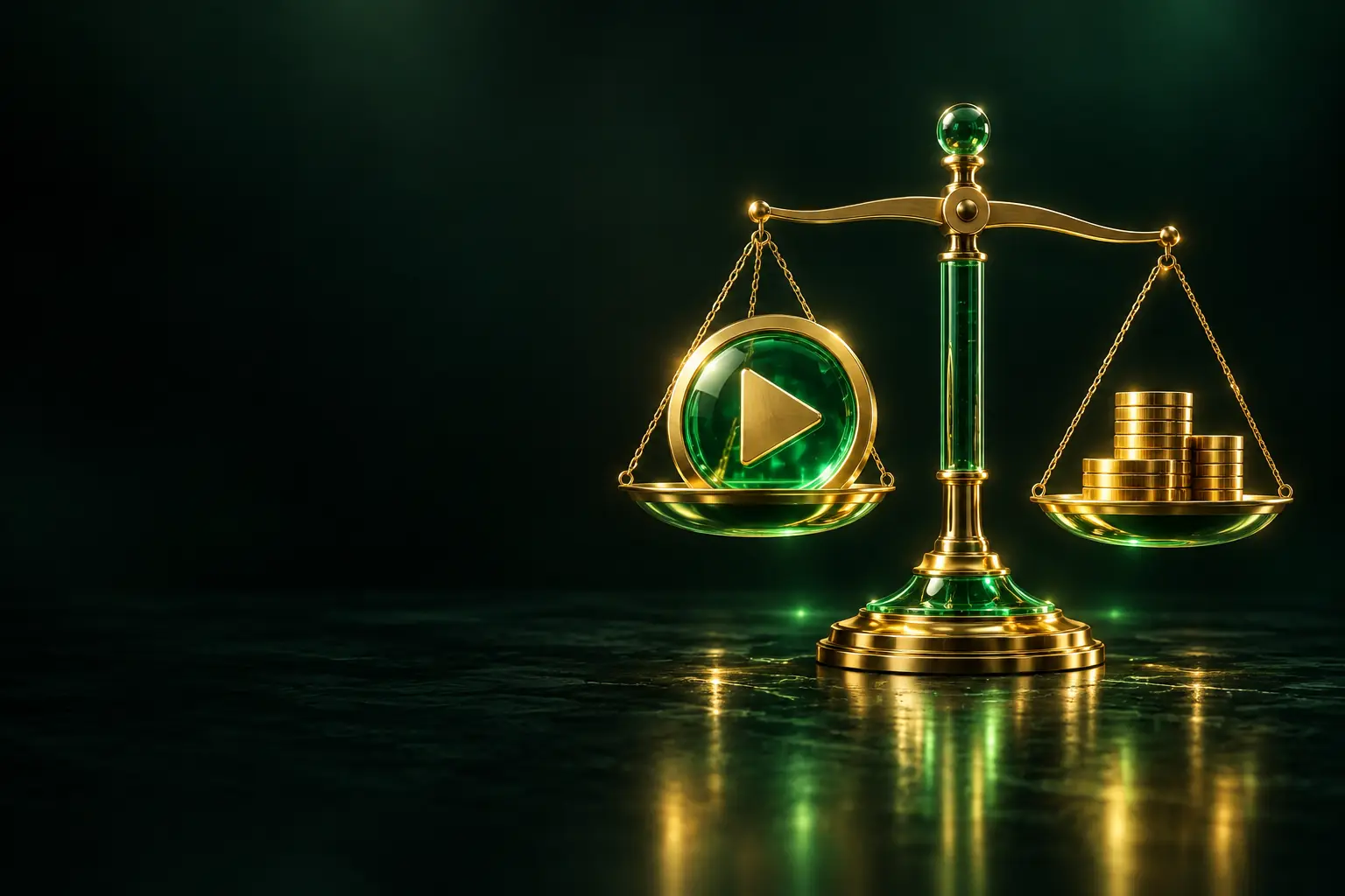 Scales weighing a play button against coins: YouTube monetization course