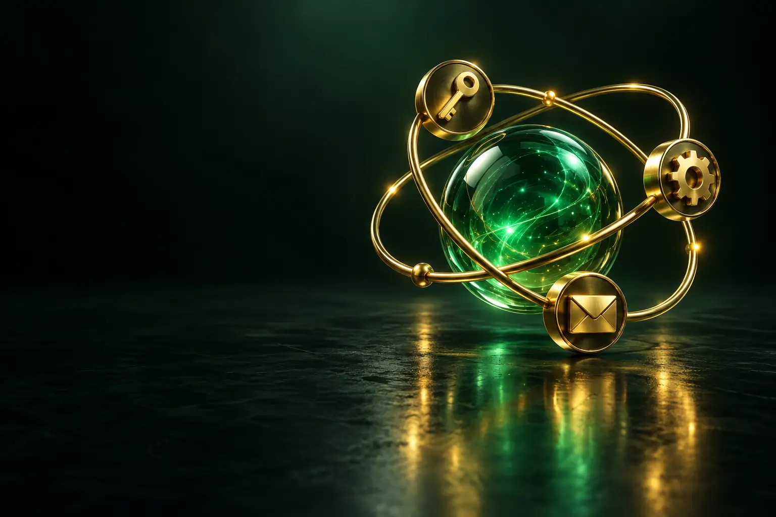 Glowing sphere with orbiting tool icons: AI agent development