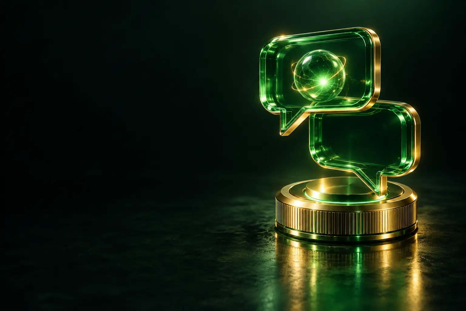 Two glowing chat bubbles on a stand: AI chatbot development