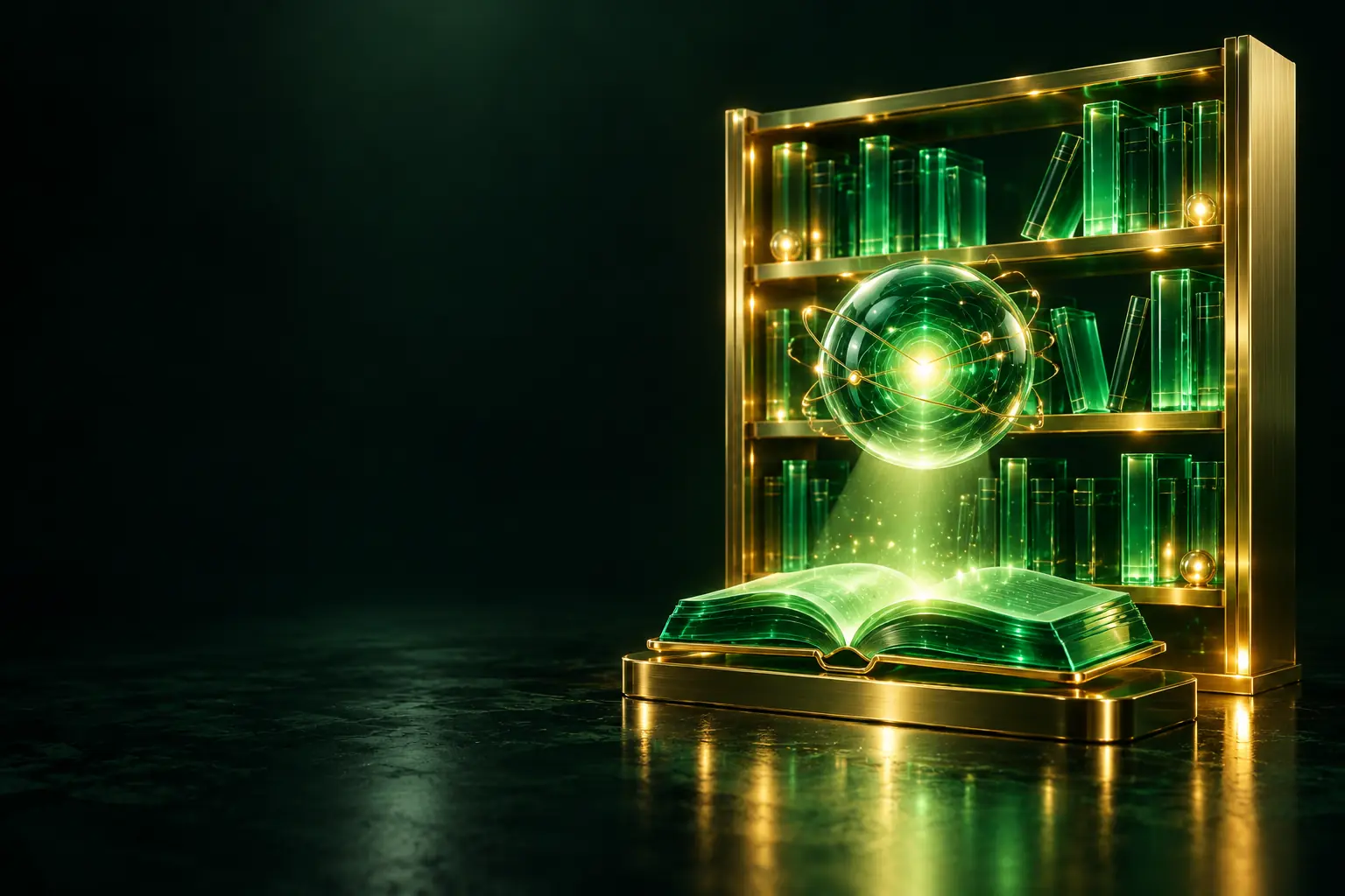 Bookshelf with a glowing sphere above an open book: AI knowledge assistant