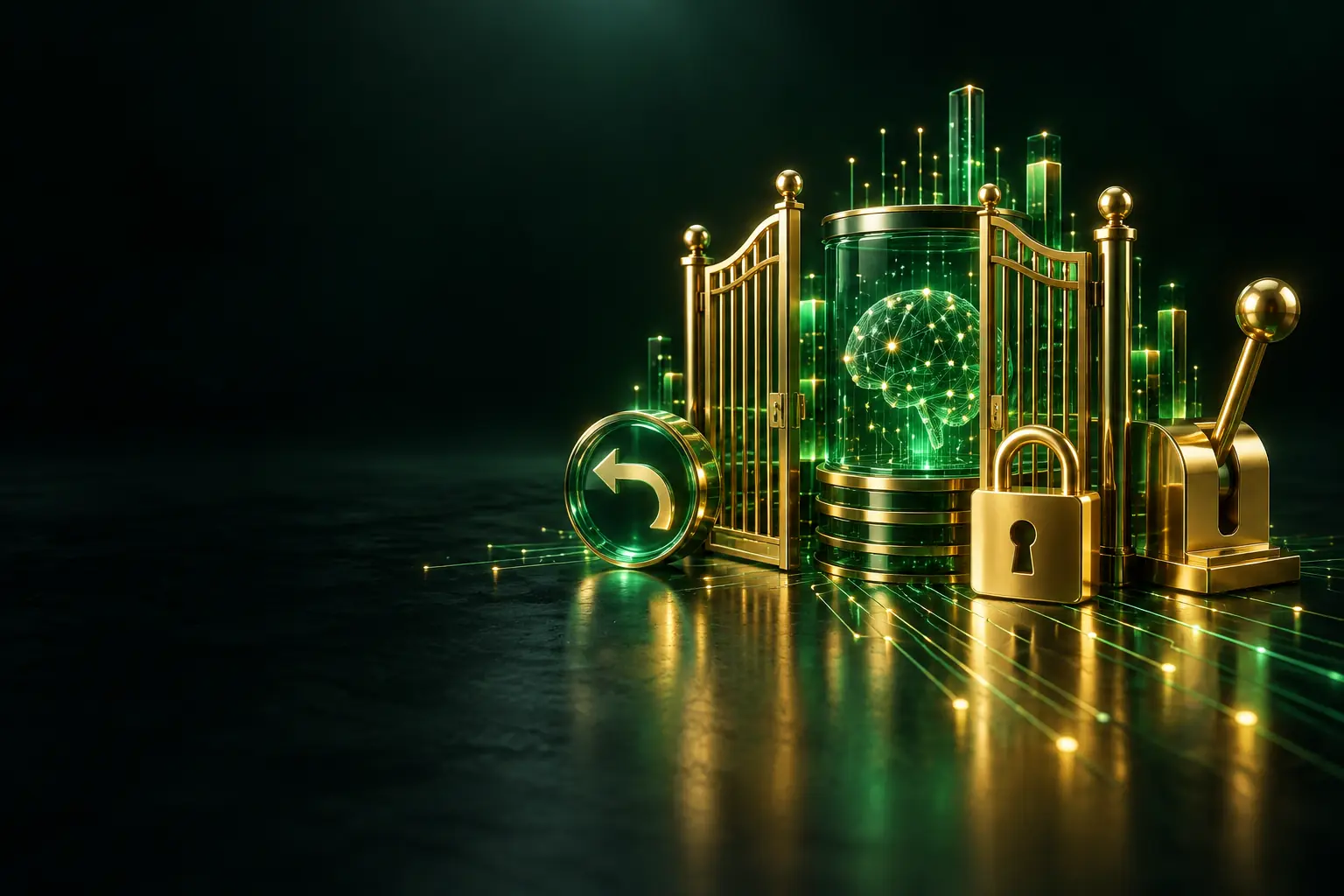 Gate, padlock and lever around a glowing sphere: AI agent permissions