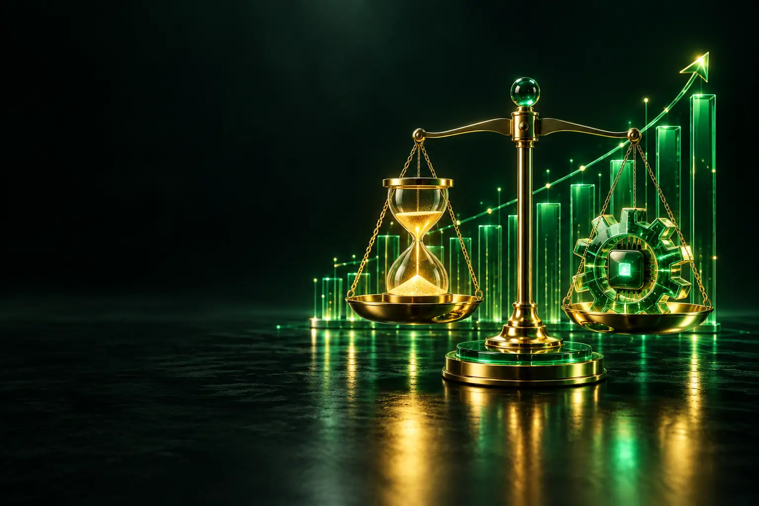 Scales with an hourglass and a rising chart: automation ROI
