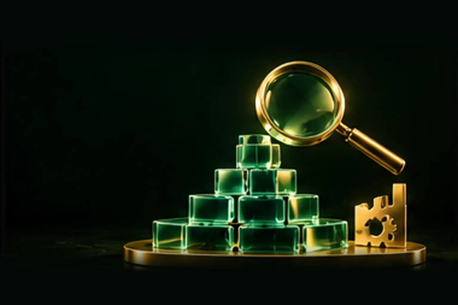 Magnifying glass over a pyramid of blocks: B2B keyword research