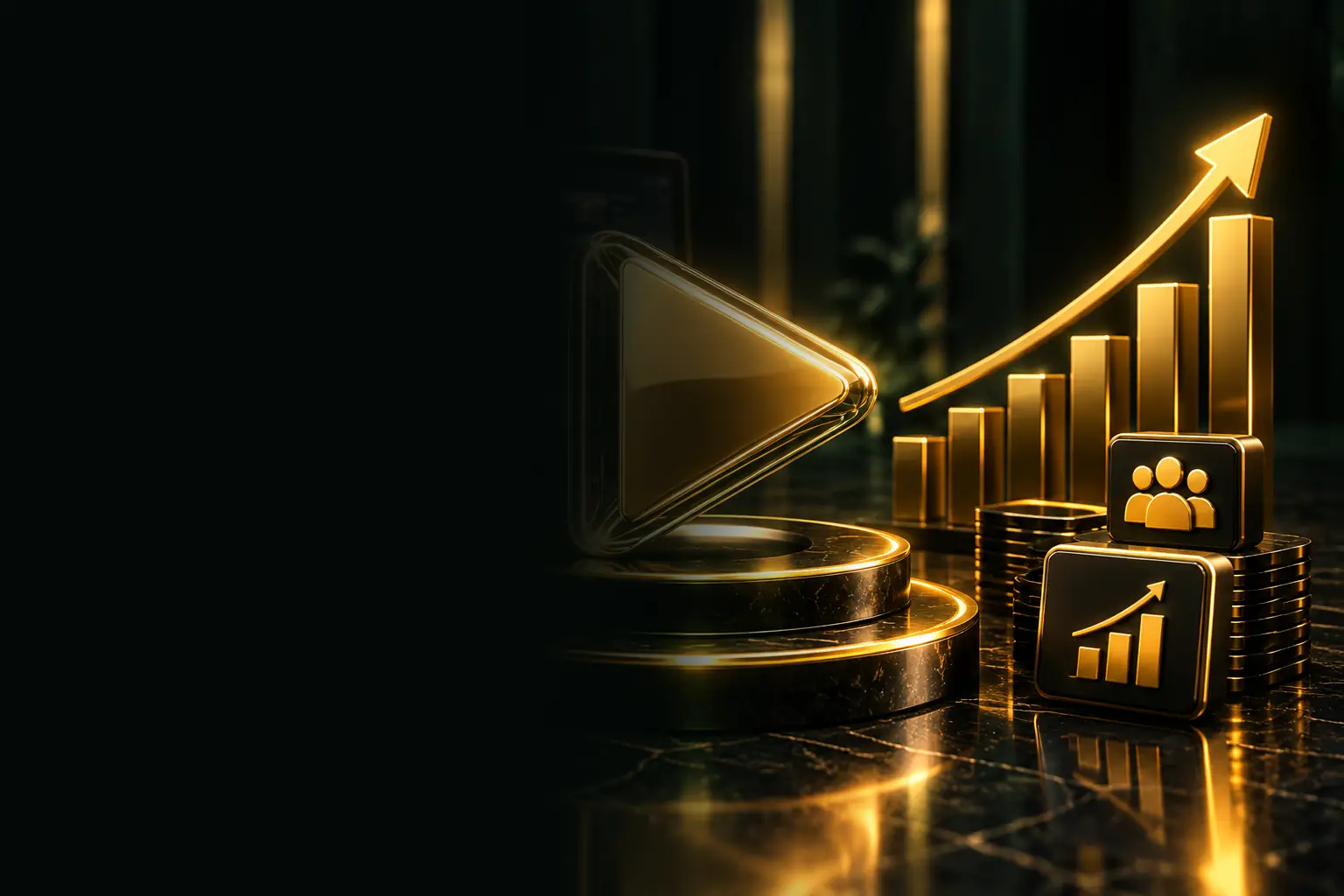 Play button with growth charts and audience icons: YouTube analytics for business
