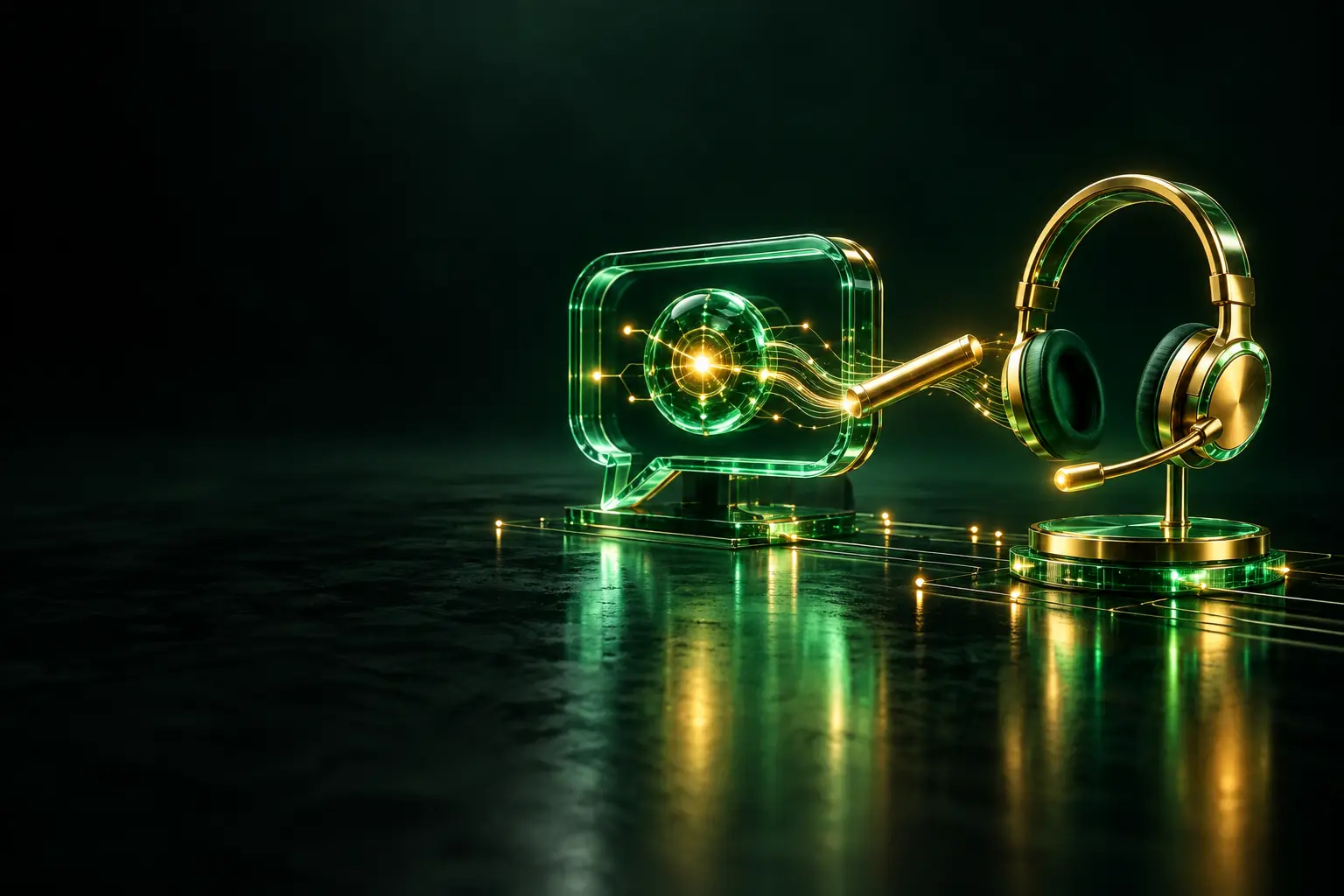 Chat bubble connected to a headset: AI customer support assistant
