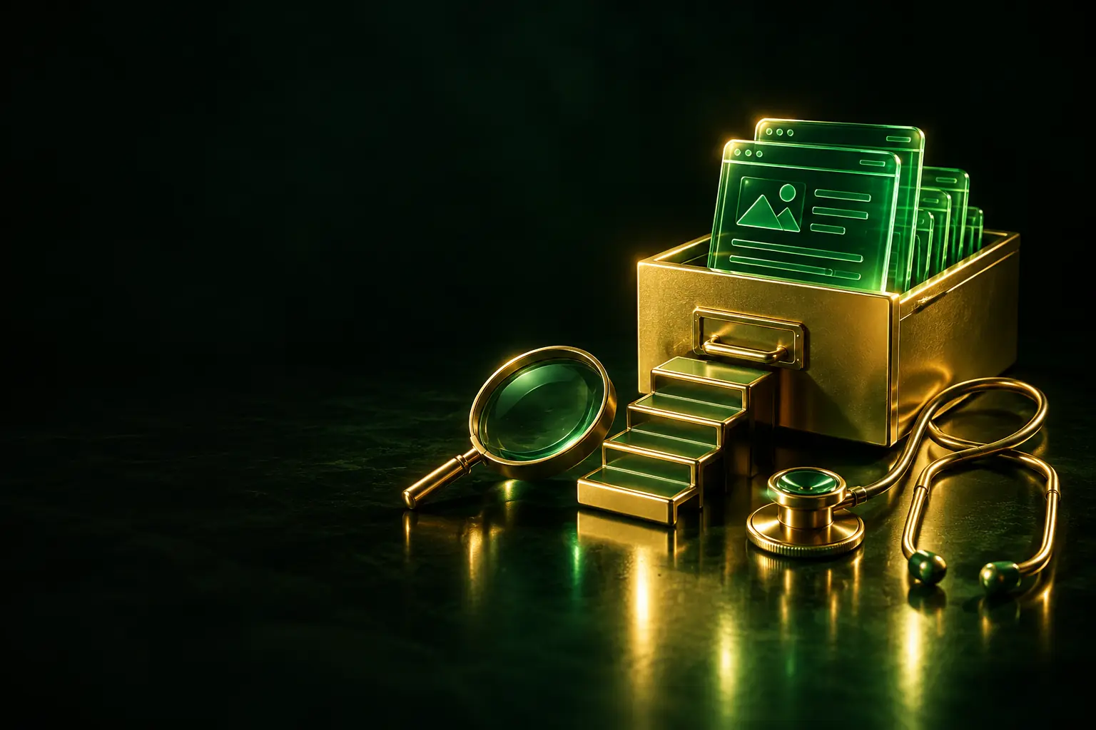 Magnifying glass and stethoscope at a box of pages: indexing diagnostics