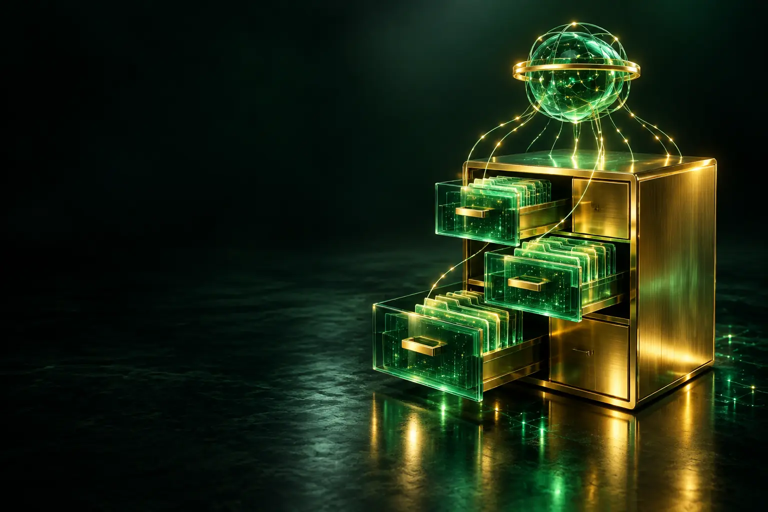 Open filing cabinet with documents under a glowing sphere: AI knowledge base sources
