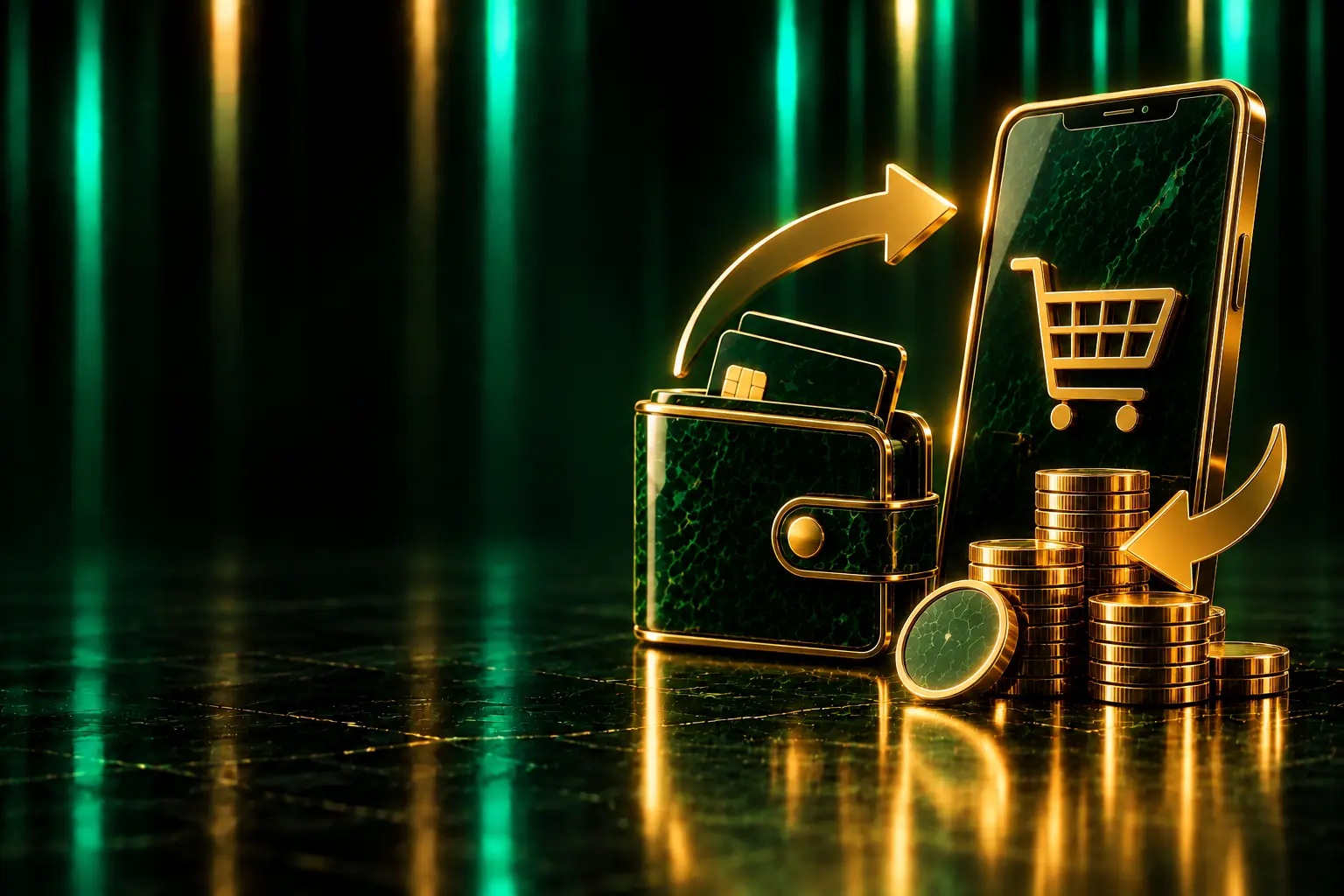 Wallet, phone with a cart and coins: payments in Telegram