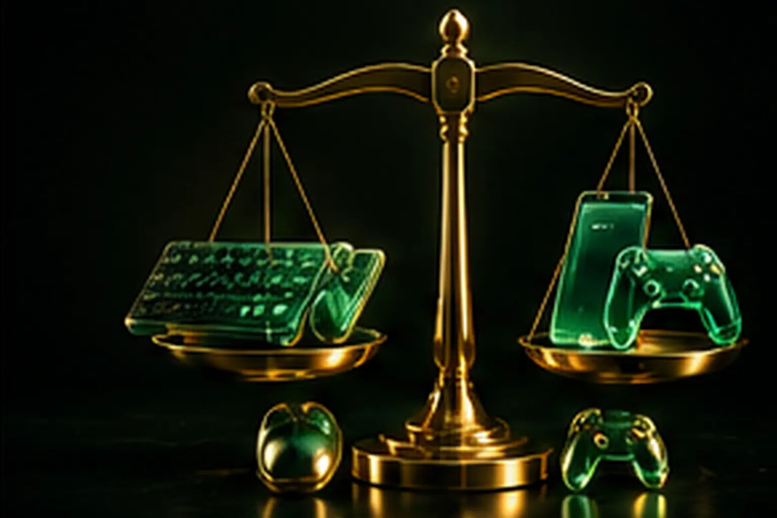 Scales weighing a keyboard against a phone and a gamepad: PC or mobile game