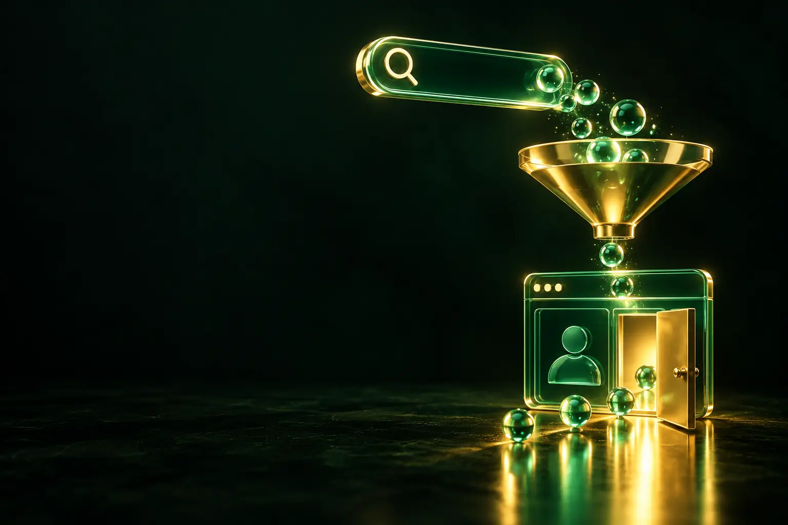 Search bar feeding a funnel into a sign-up screen: SaaS SEO