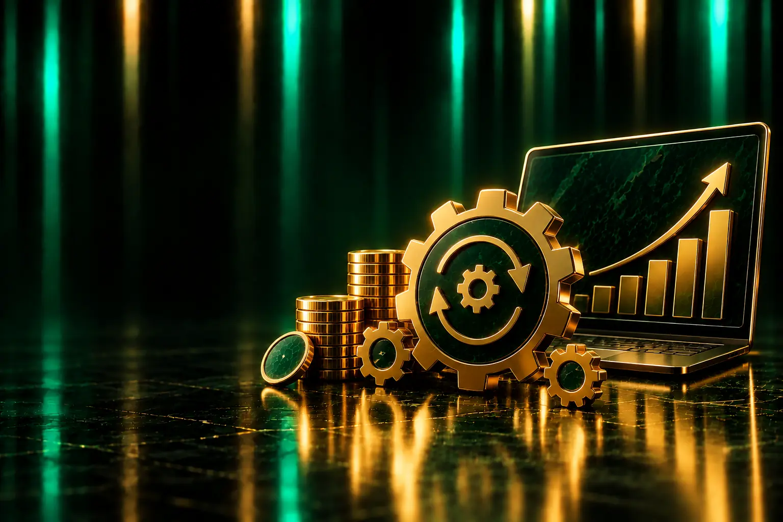 Gears and a laptop with a rising chart: website CRM integration