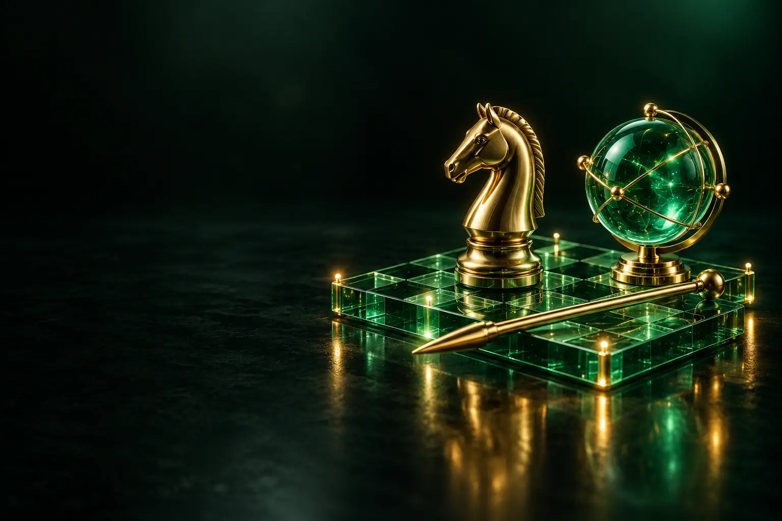 Chess knight, globe and pointer on a planning board: AI consulting