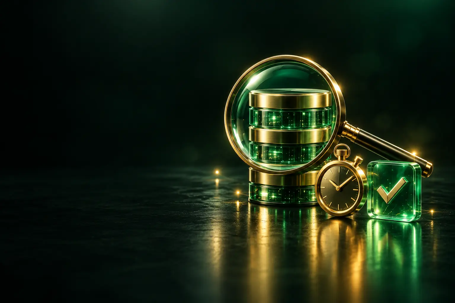 Magnifying glass over a database with a stopwatch and a checkmark: database audit