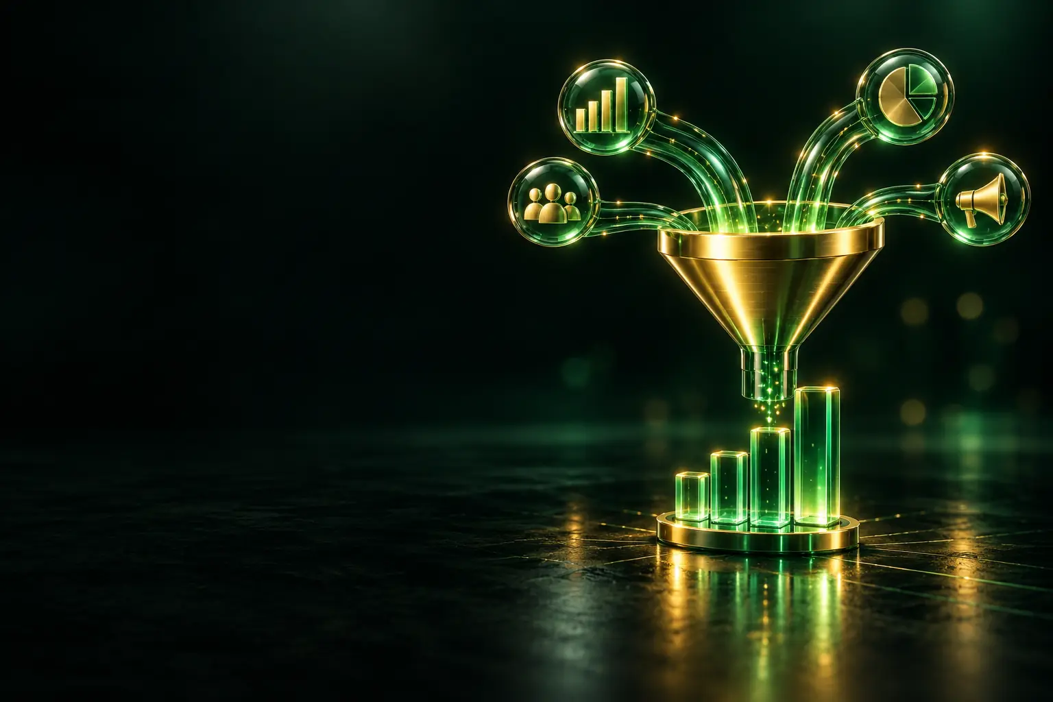 Channel icons flowing through a funnel into a bar chart: marketing analytics