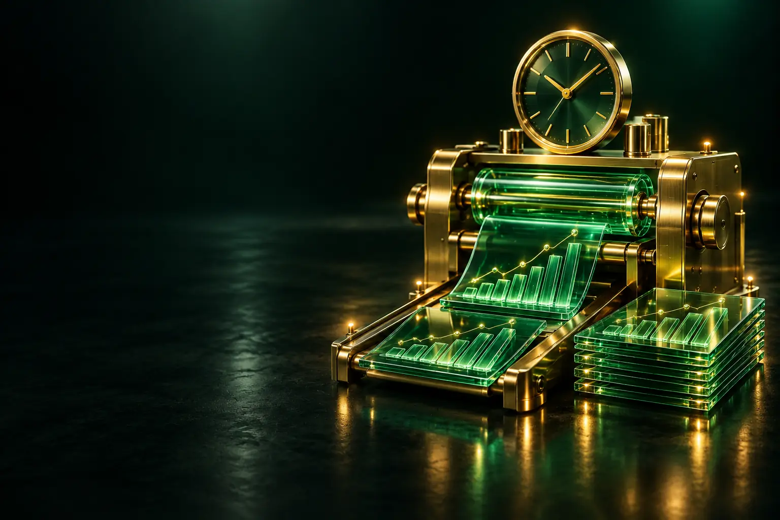 Machine printing a chart report under a clock: reporting automation