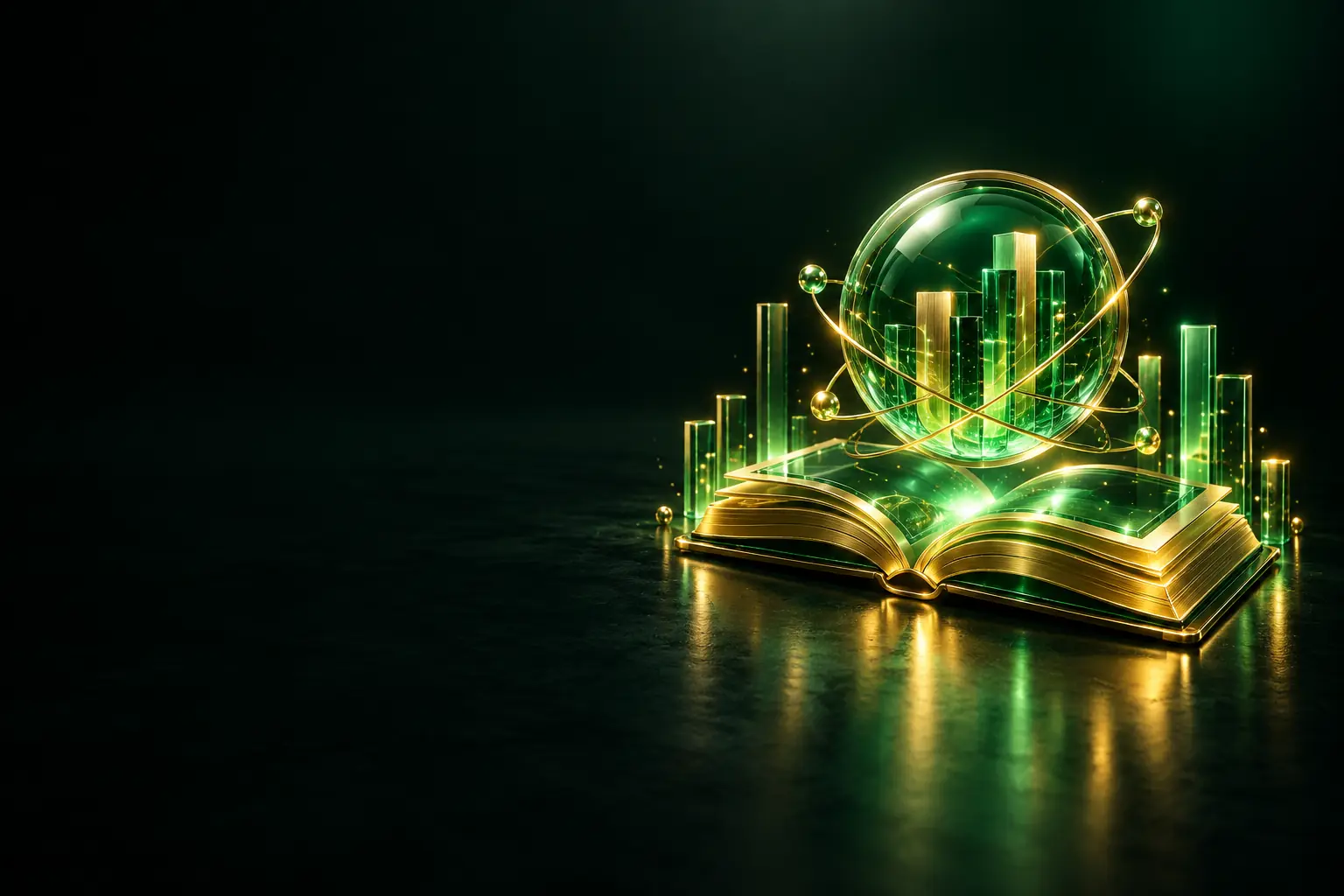 Open book with a glowing sphere and charts: AI automation guides