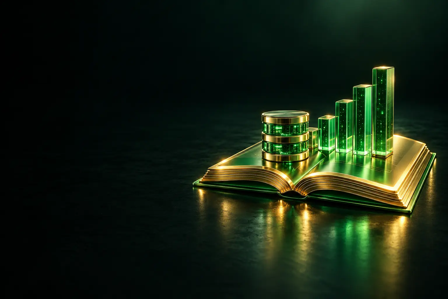 Open book with a database and bar chart: data analytics guides