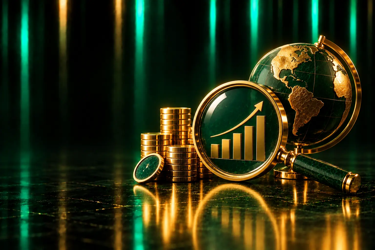 Magnifying glass, globe and a rising chart: AI search optimization