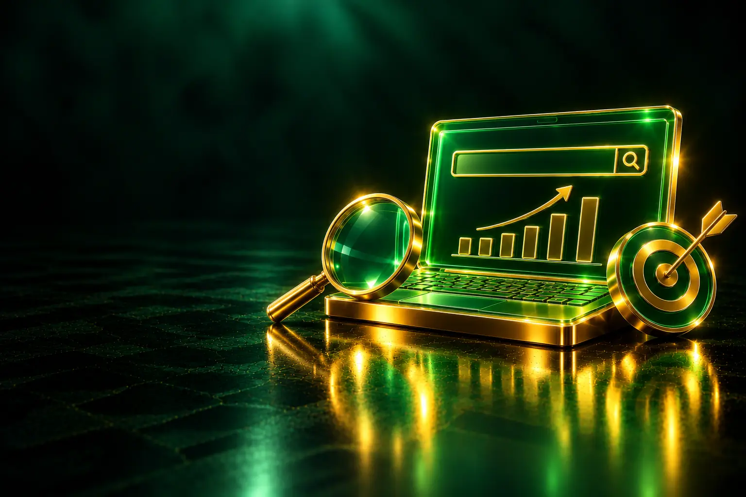 Search bar, chart and target on a laptop: SEO content strategy
