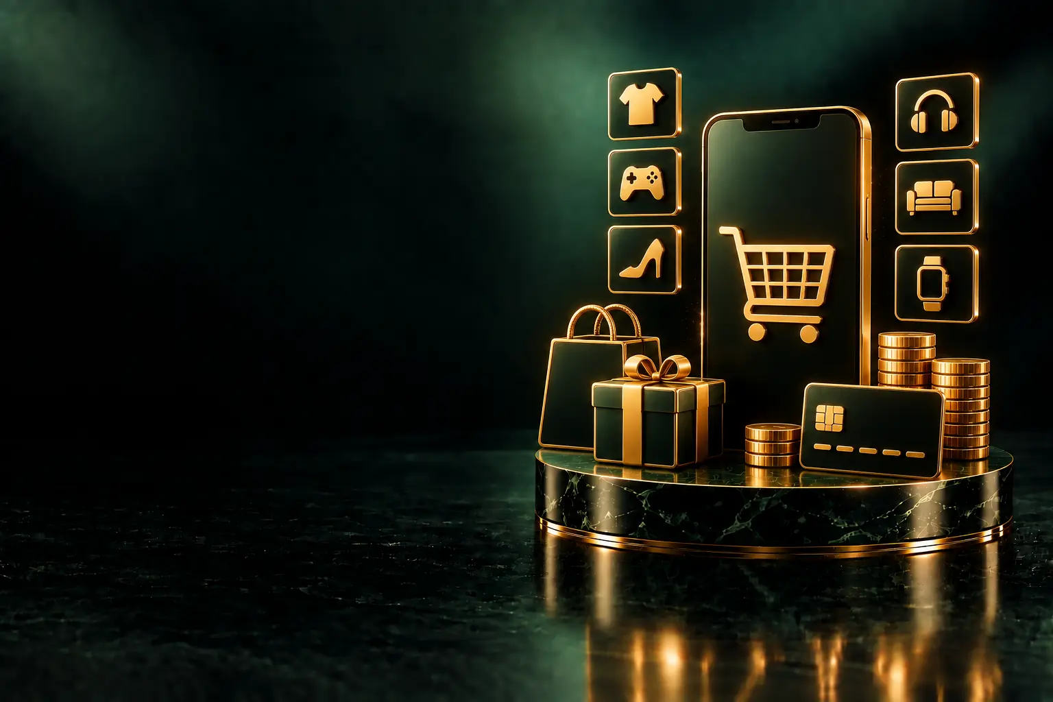 Phone with a shopping cart, bags and product icons: ecommerce SEO