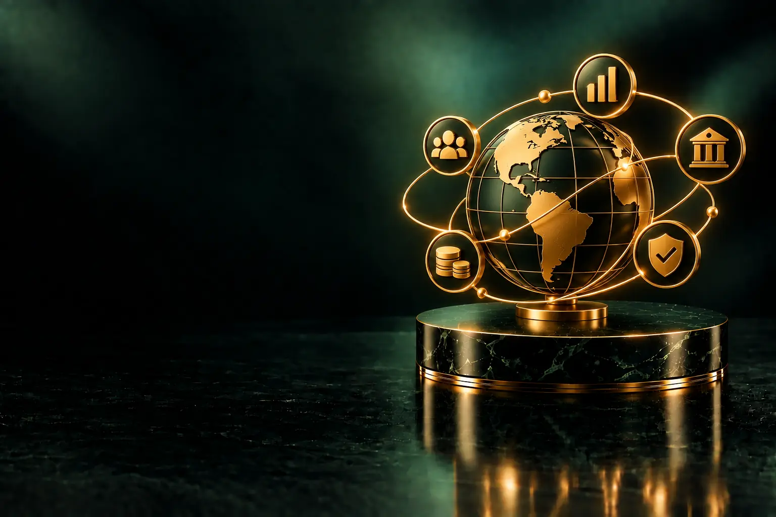 Globe with orbiting market icons: international SEO