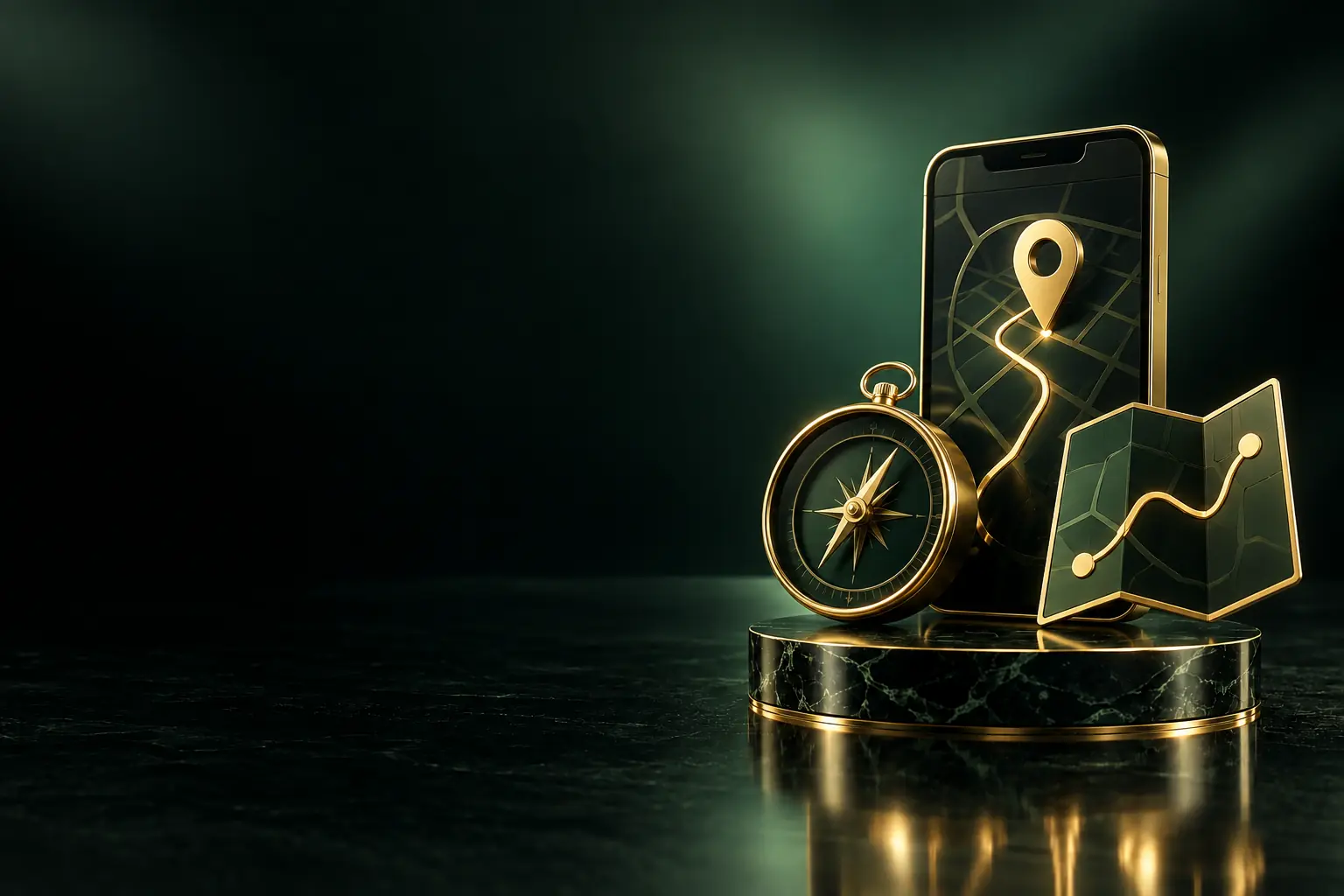 Phone with a map pin, a compass and a map: local SEO