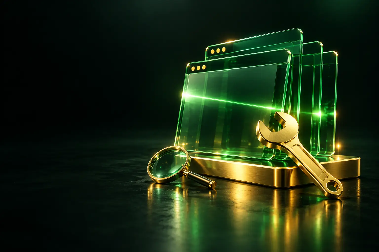 Browser windows with a wrench and a magnifying glass: technical SEO