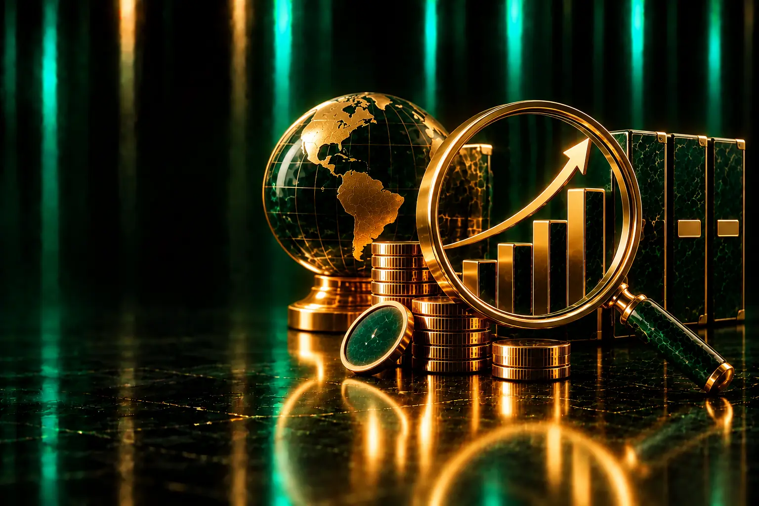 Globe and a magnifying glass over a chart: web application development