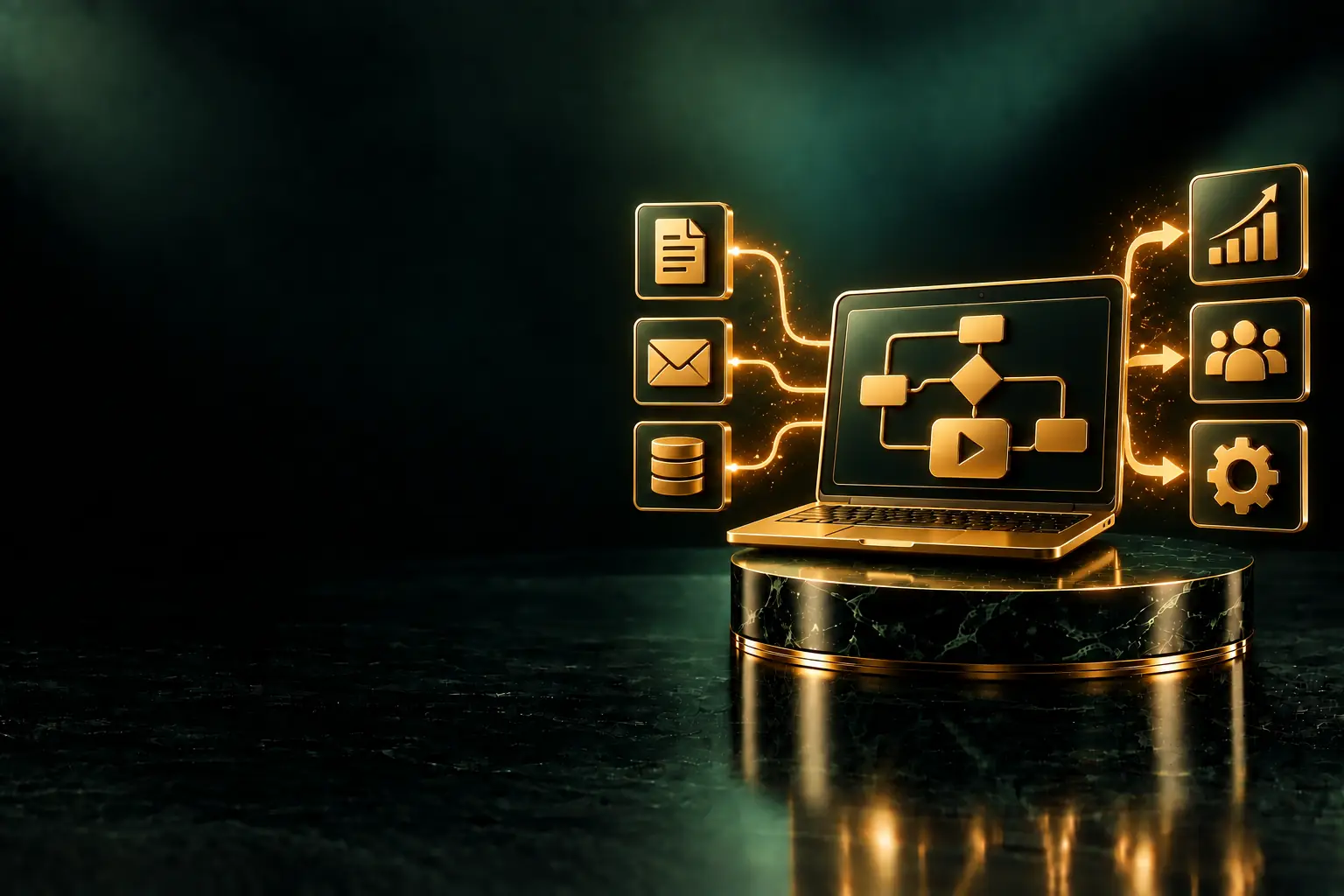 Laptop with a process flowchart linked to task icons: business process automation