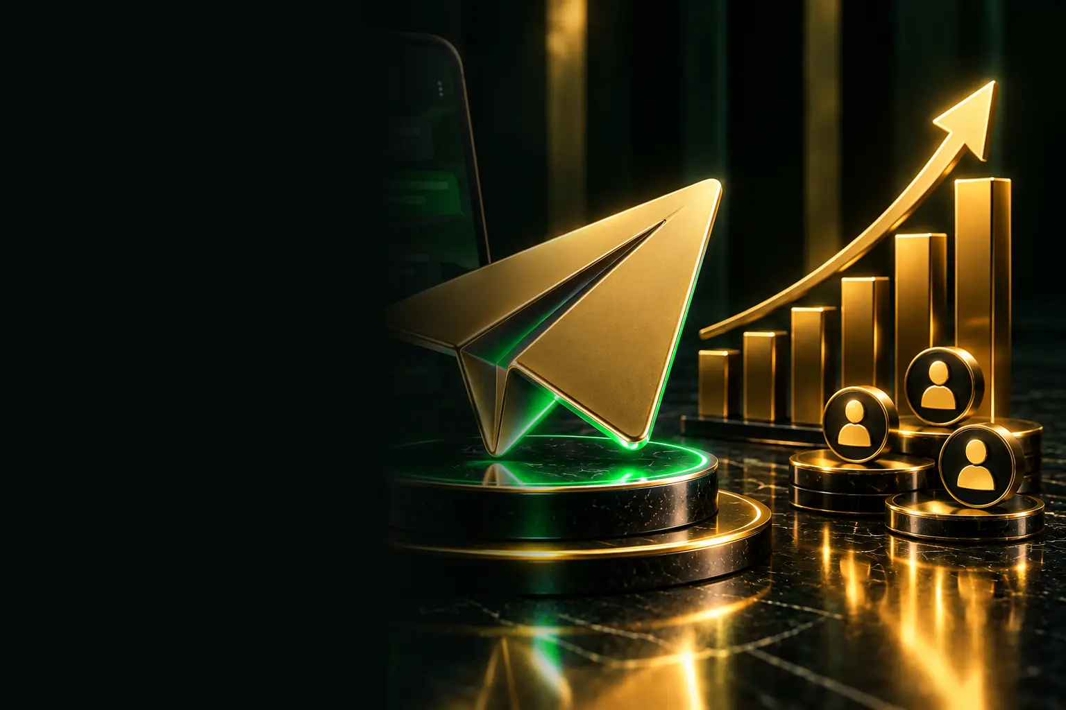 Paper plane, team icons and a rising arrow: Telegram business automation