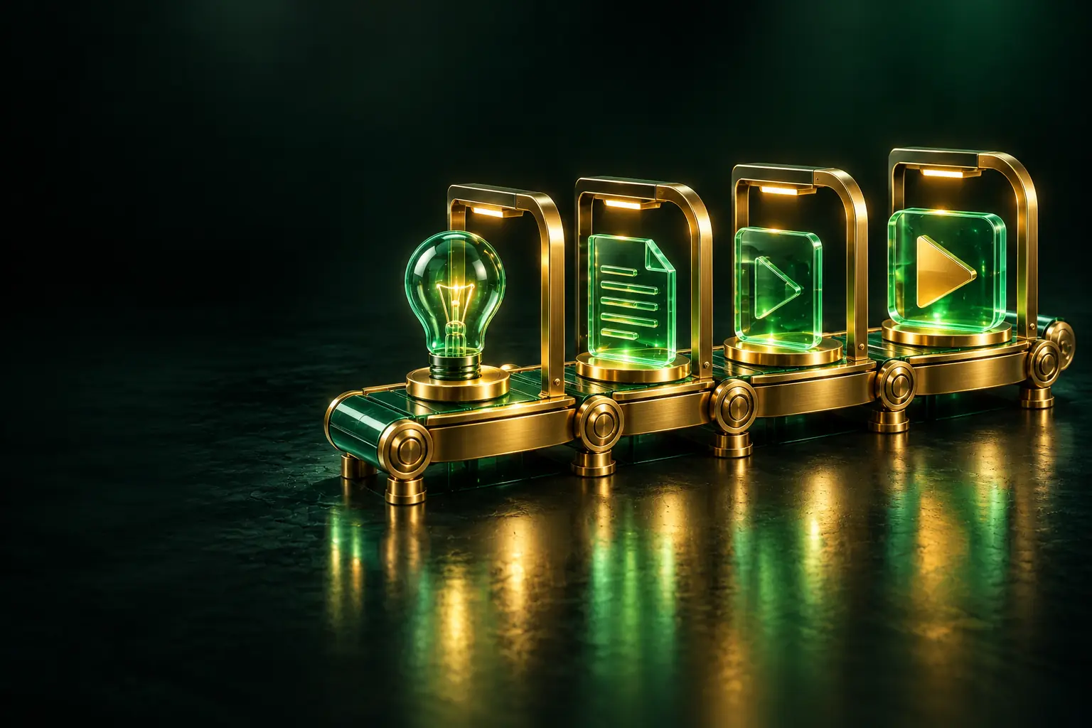 Row of content cards from idea to video: content team workflow