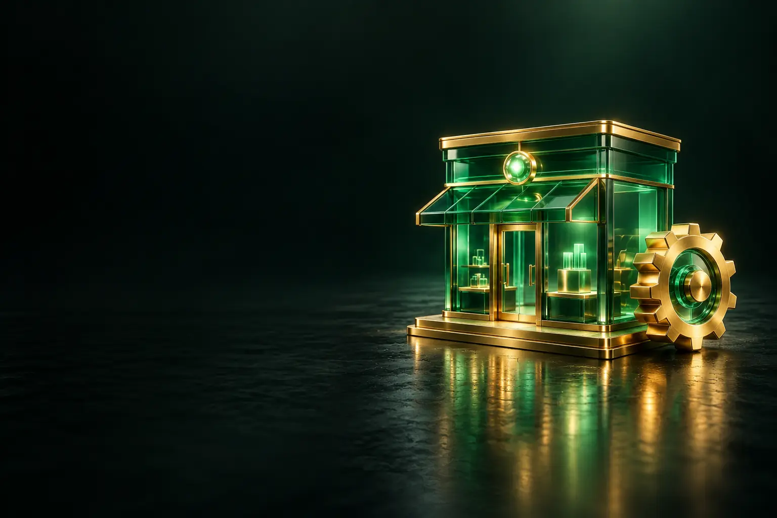 Small shop front with a gear: small business automation