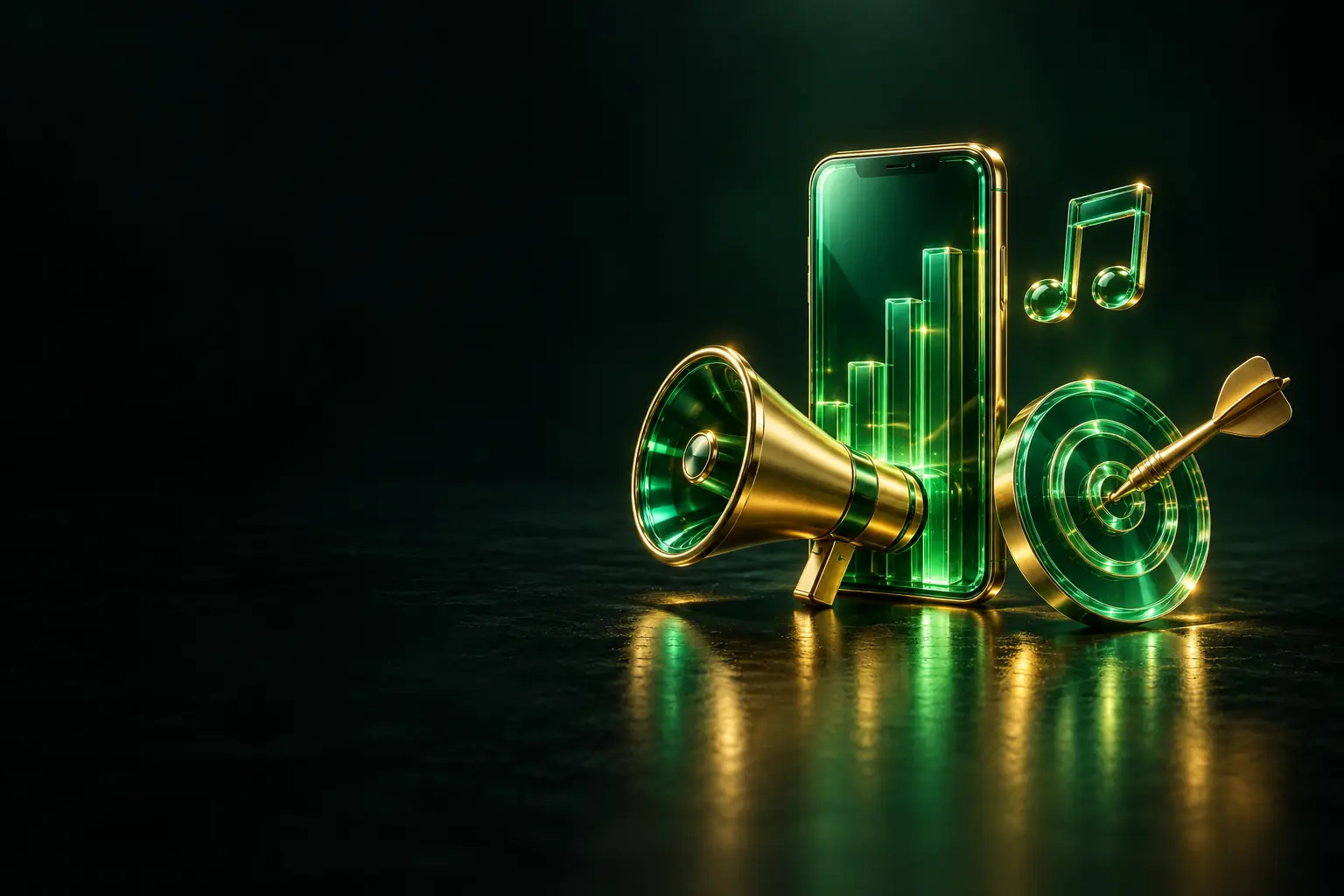 Phone with a megaphone, music note and target: TikTok ads management