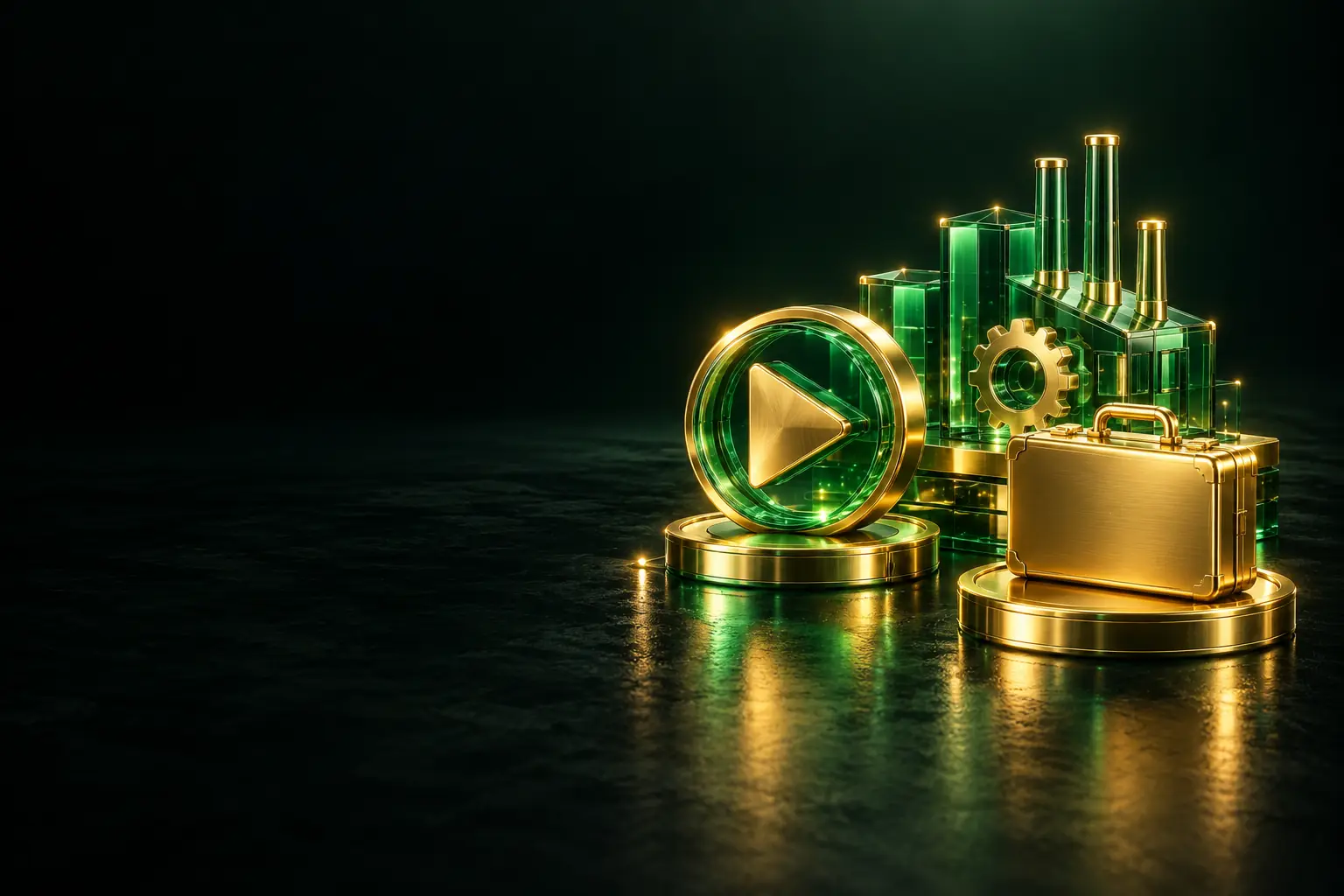 Play button with a briefcase and charts: B2B YouTube marketing