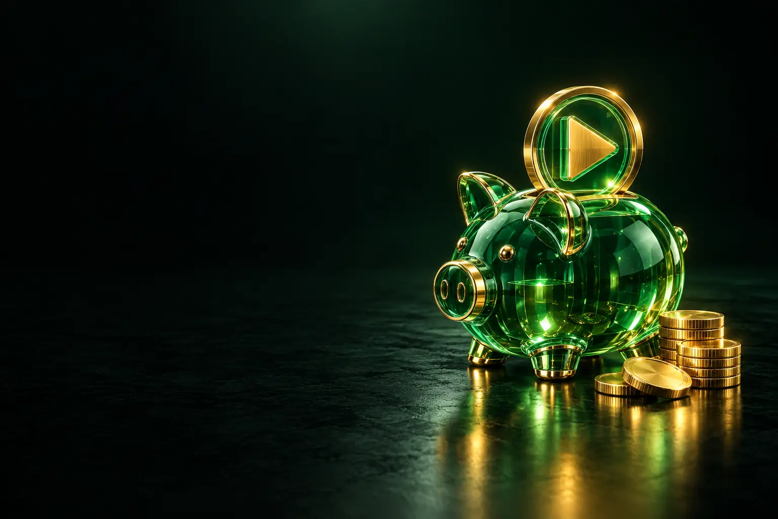 Piggy bank with a play button and coins: YouTube channel monetization