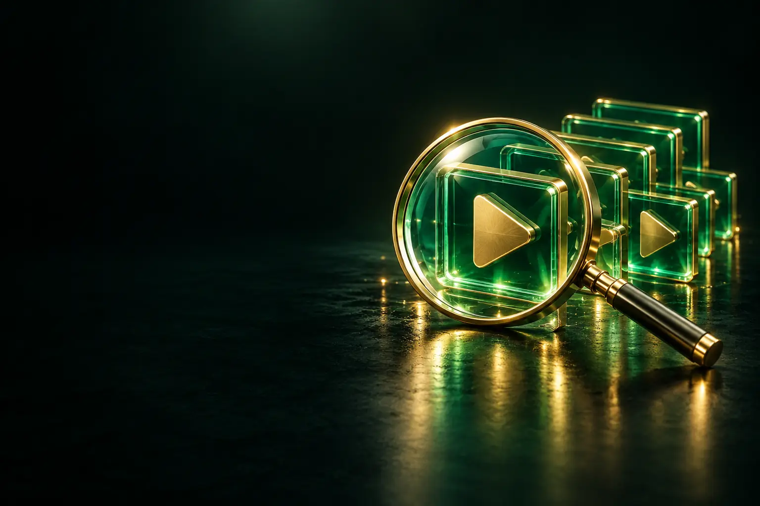 Magnifying glass over a row of videos: YouTube SEO
