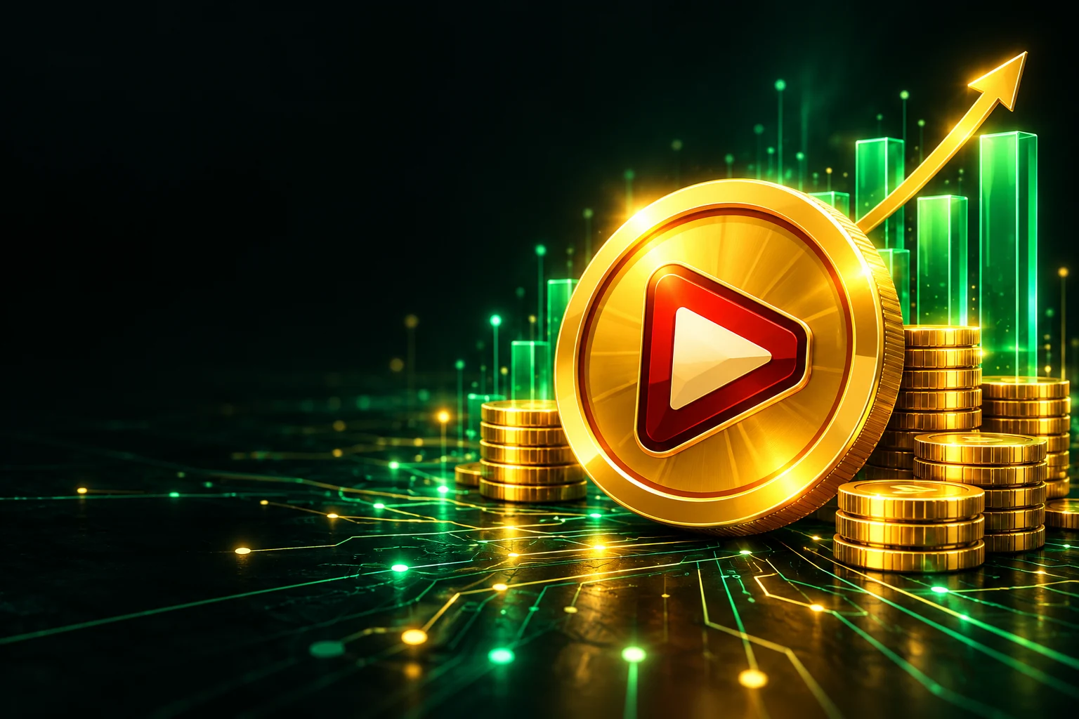 Gold play-button coin beside stacks of coins and a rising chart: YouTube marketing services